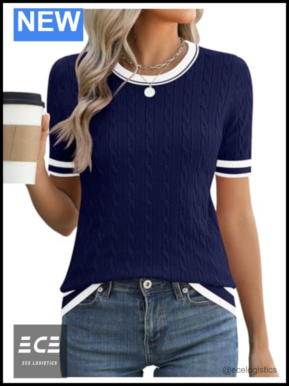 Women's Short Sleeve Cable Knit Sweater Crewneck Pullover Top